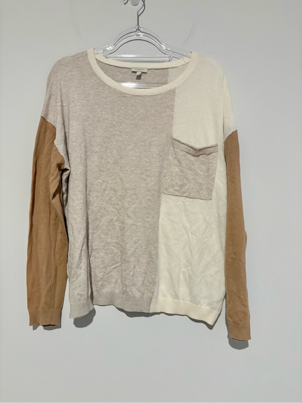 Talbots Colorblock cotton Crewneck Sweater Cream Beige Tan Large